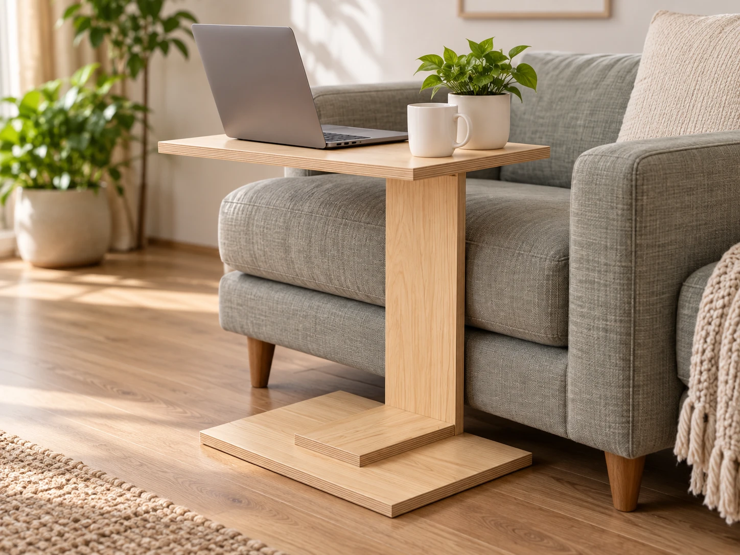 Modern C-Table in birch plywood beside a gray armchair, holding a laptop, a mug and a plant